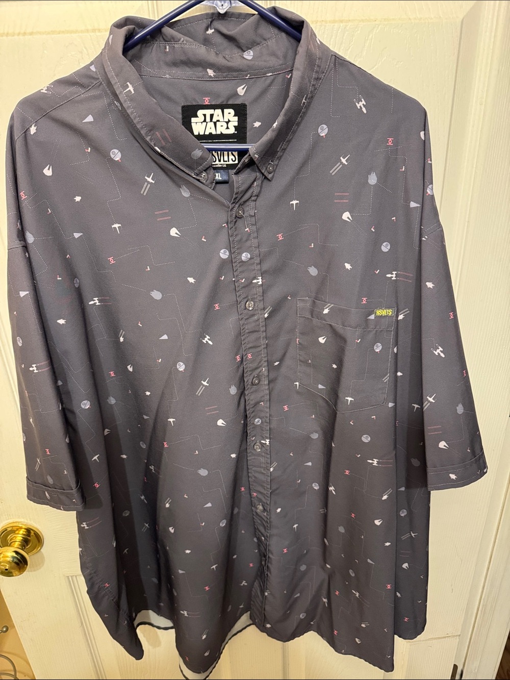 RSVLTS Men's Dark Gray Short-Sleeve Button-Down Shirt with Pink & White Motifs